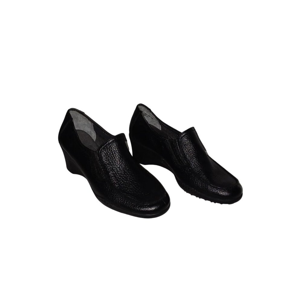 Aerosols Women Slip On Low Wedge Shoe Black Leather 7.5 NWOT Comfy Office Loafer